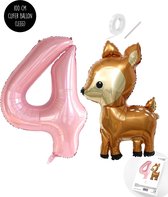 Snoes - Bambi Basis ballon set XXL Cijferballon Baby Pink 4 - Lief Hert + Cijfer Ballon 4 Jaar - Helium Geschikt