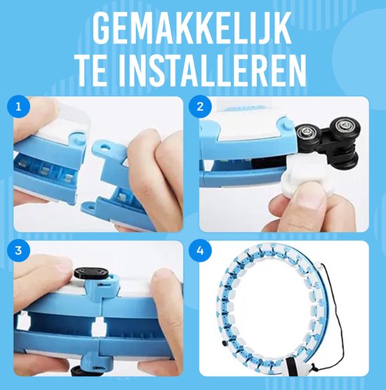 Quatre étapes montrant comment assembler le hula hoop bleu et blanc. "Facile à installer".