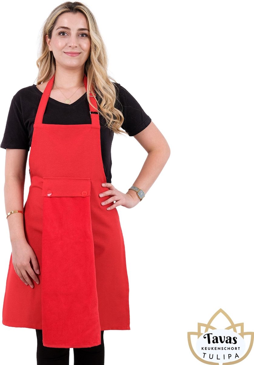 Tulipa rode Keukenschort met rode Handdoek Professioneel Verstelbaar Kookschort BBQ Schort Horecakwaliteit Schorten voor vrouwen One Size Fits All