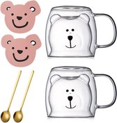 Dubbelwandige glazen, set van 2 schattige berenmokken, berenthee, koffiekop met handvat, Kawaii melkbeker met lepel en onderzetter, kattenbeker, cadeau voor verjaardag, Valentijnsdag, kantoor