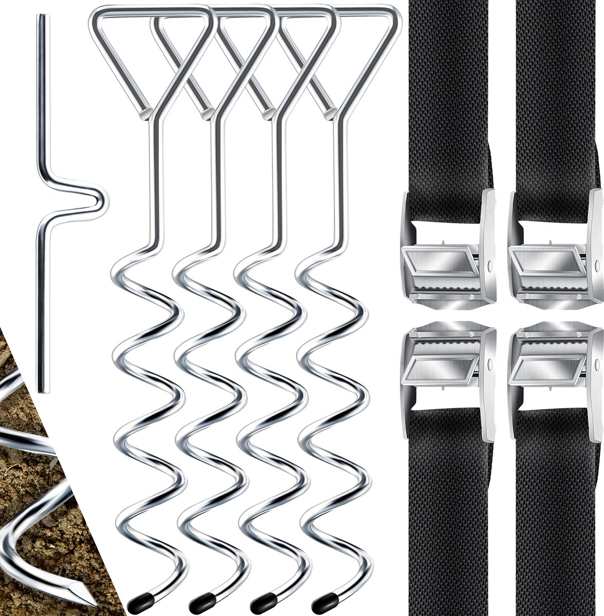 Kit Ancrage Au Sol 4 Pièces Pour Trampoline Et Balançoire - 4 Spirales Acier + 4 Sangles Polyester 3m - Fixation Jardin Anti-vent