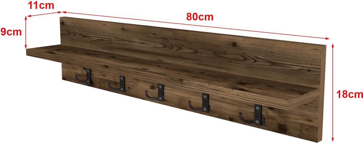 Wandkapstok Armando - Met Plank - 80x11x18 cm - Eiken Antiek - Spaanplaat en Kunststof - Modern Design