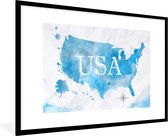 Fotolijst incl. Poster - Verenigde Staten - Wereldkaart - Waterverf - 90x60 cm - Posterlijst