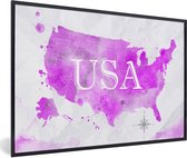Fotolijst incl. Poster - Wereldkaart - Roze - Verenigde Staten - 30x20 cm - Posterlijst