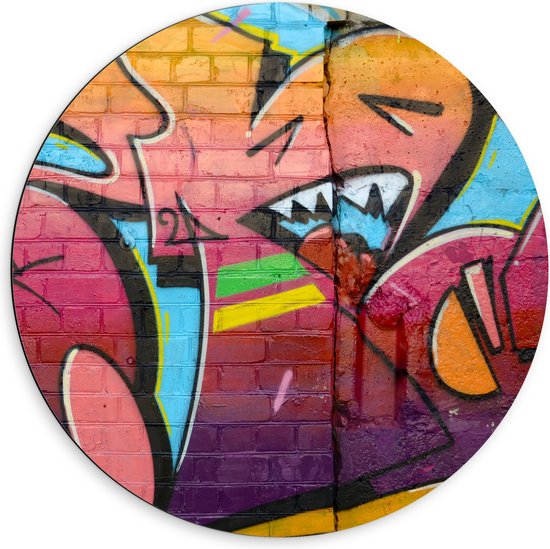 Dibond Muurcirkel - Muurschildering met Grafitti in Meerdere Kleuren - 60x60 cm Foto op Aluminium Muurcirkel (met ophangsysteem)