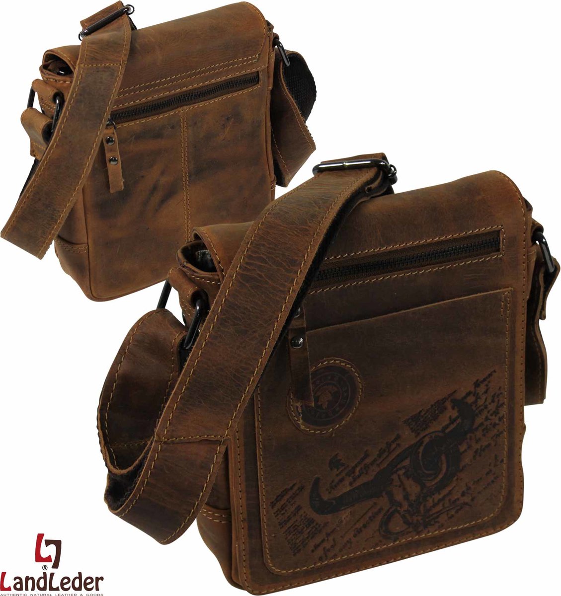Landleder - Casual Bag / Schoudertas - "Bull & Snake" - Leer - Western Type - Vintage Bruin - afmeting : 21 x 7 x 23 cm.