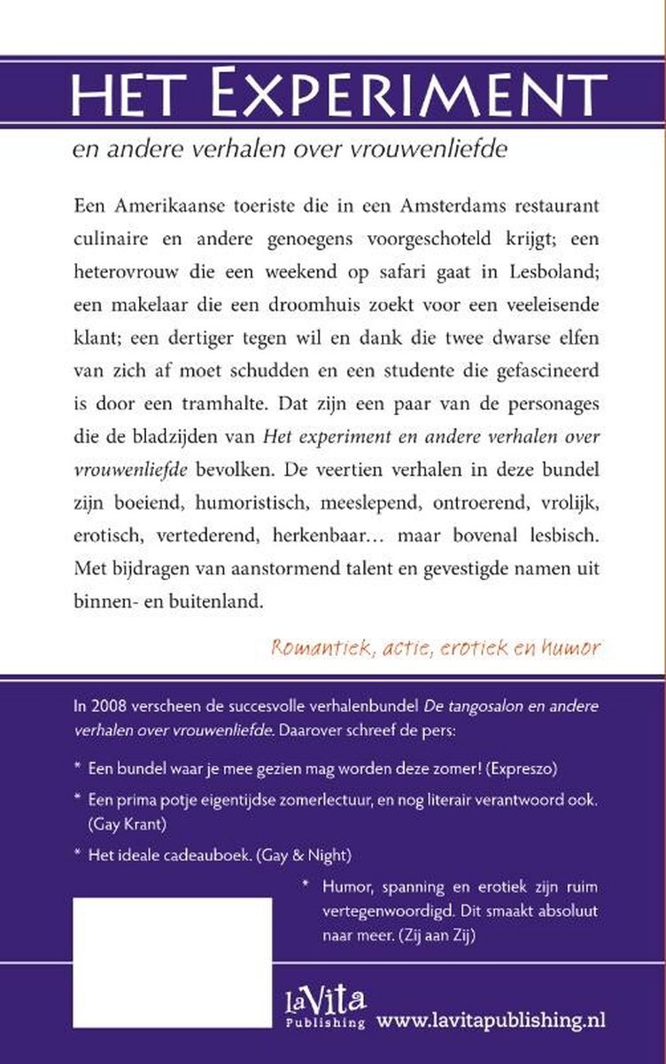 Boekomslag "Het experiment en andere verhalen over vrouwenliefde". Tekst op omslag: "Romantiek, actie, erotiek en humor"
