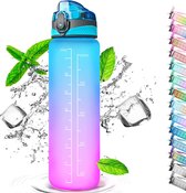 Drinkfles met rietje, 1 liter, waterfles met tijdmarkeringen, waterfles vrij van BPA, 1 klik openen in waterfles, sportfles, fietsfles