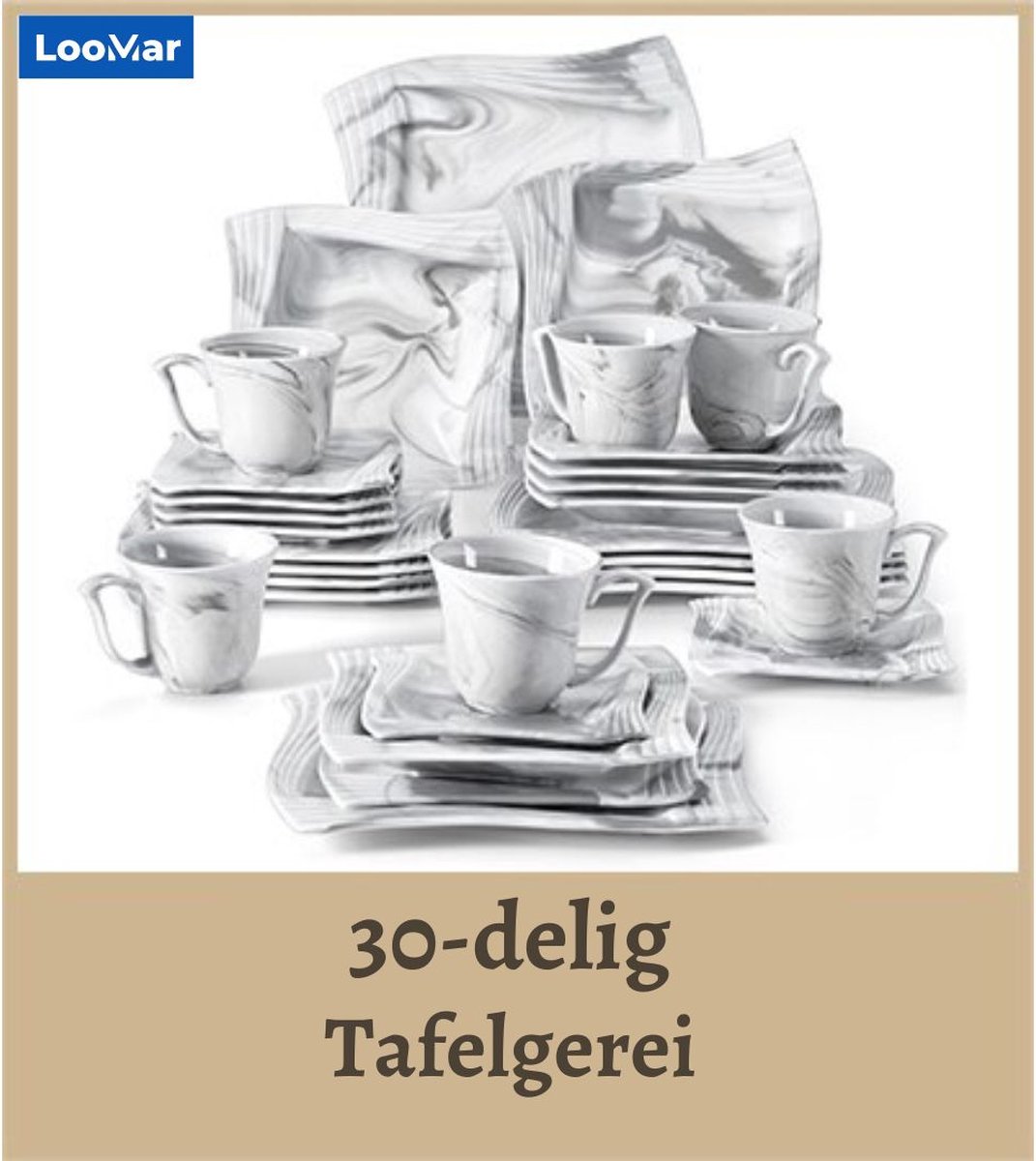 LooMar Serviesset – 30 delig – 6 persoons – Keramiek - Luxe – Bordenset – Dinnerborden – Dessertborden - Wit - Marmer