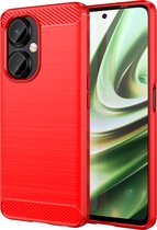 OnePlus Nord CE 3 Lite Hoesje - MobyDefend TPU Gelcase - Geborsteld Metaal + Carbonlook - Rood - GSM Hoesje - Telefoonhoesje Geschikt Voor OnePlus Nord CE 3 Lite