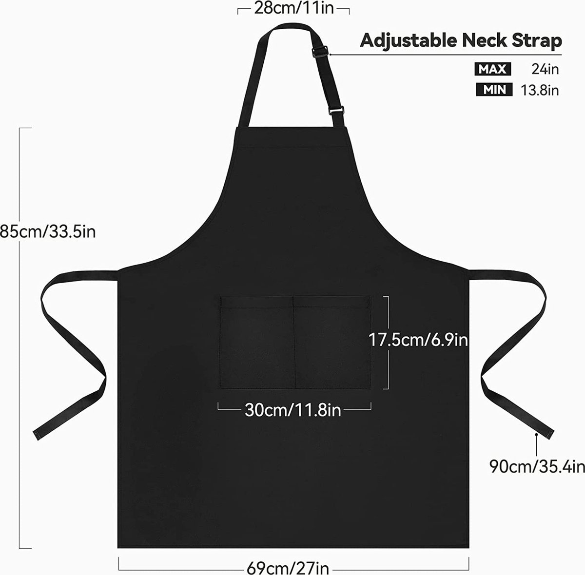 Set van 2 zwarte keukenschorten voor mannen en vrouwen, verstelbaar kookschort met 2 zakken, waterafstotend unisex schort, schort voor koken, bakken, grillen, huishoudelijke taken en schilderen