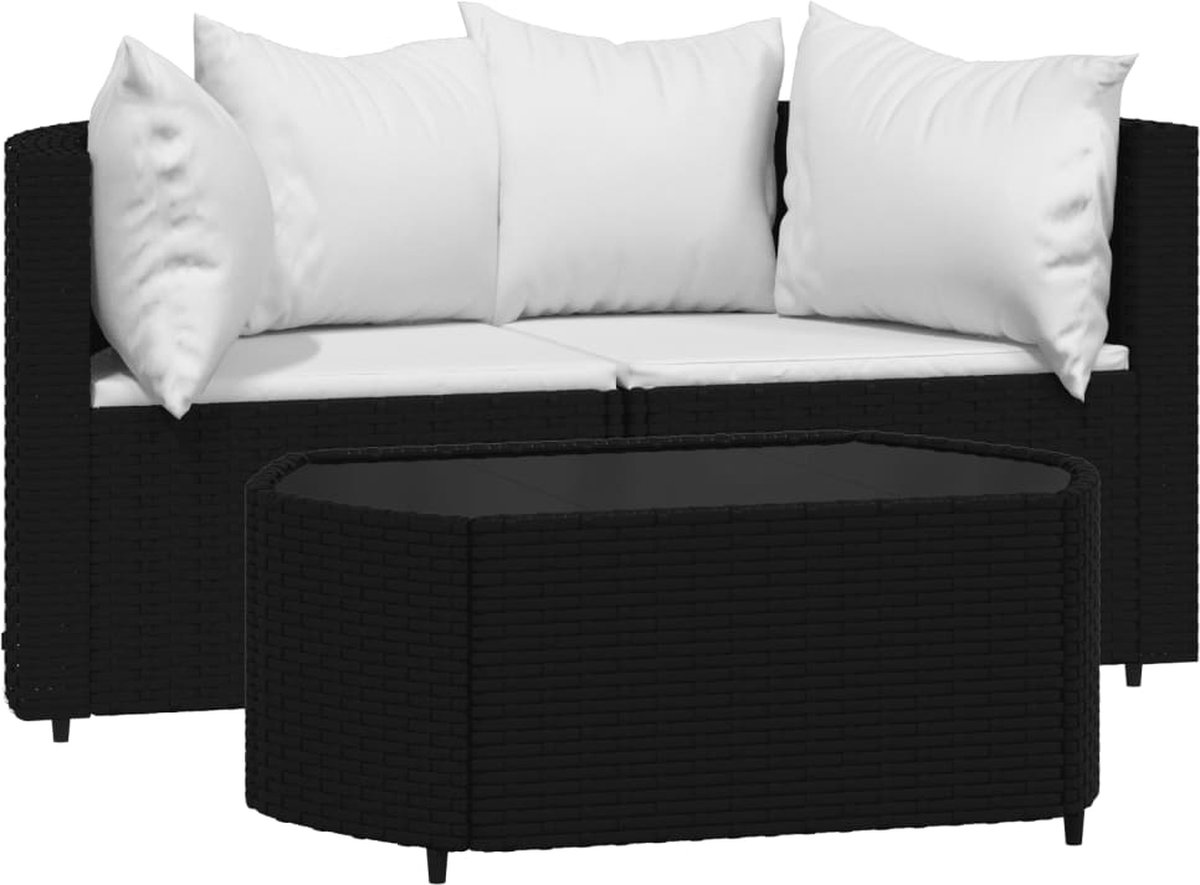 vidaXL 3-delige - Loungeset - met - kussens - poly - rattan - zwart