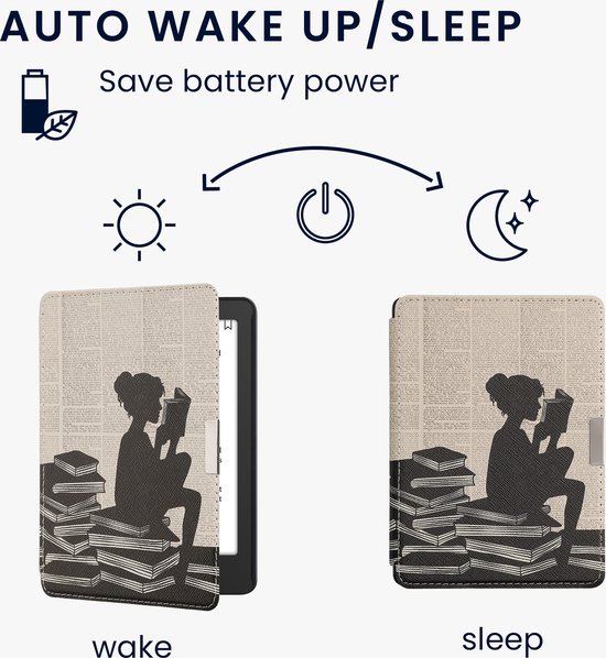 kwmobile e-reader hoesje geschikt voor Kobo Aura Edition 2 hoes - E reader flip case met magnetische sluiting - Ereader cover - Meisje met boeken design in zwart / beige van Merkloos — afbeelding 5