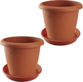 2x stuks bloempotten met onder opvangschaal in kleur terra cotta - rond diameter pot 35 cm - Plantenpotten/bakken