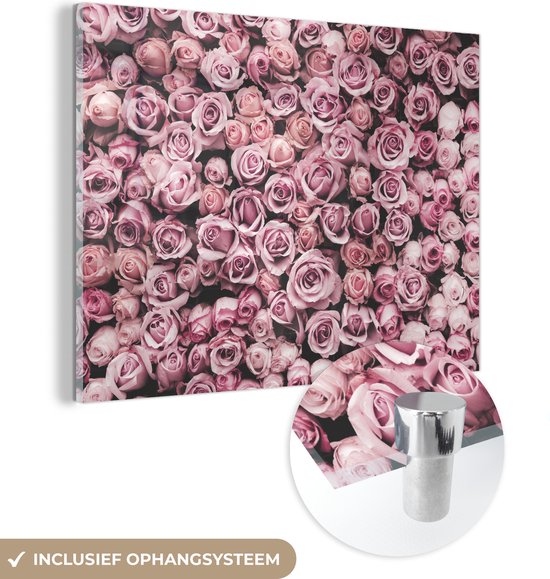 MuchoWow® Glasschilderij 80x60 cm - Schilderij acrylglas - Bloemen - Rozen - Natuur - Roze - Botanisch - Foto op glas - Schilderijen