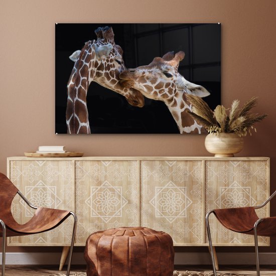 Glasschilderij - Giraffe - Dieren - Zwart - Portret - Glazen plaat - Schilderij glas - Wanddecoratie - 90x60 cm - Foto op glas