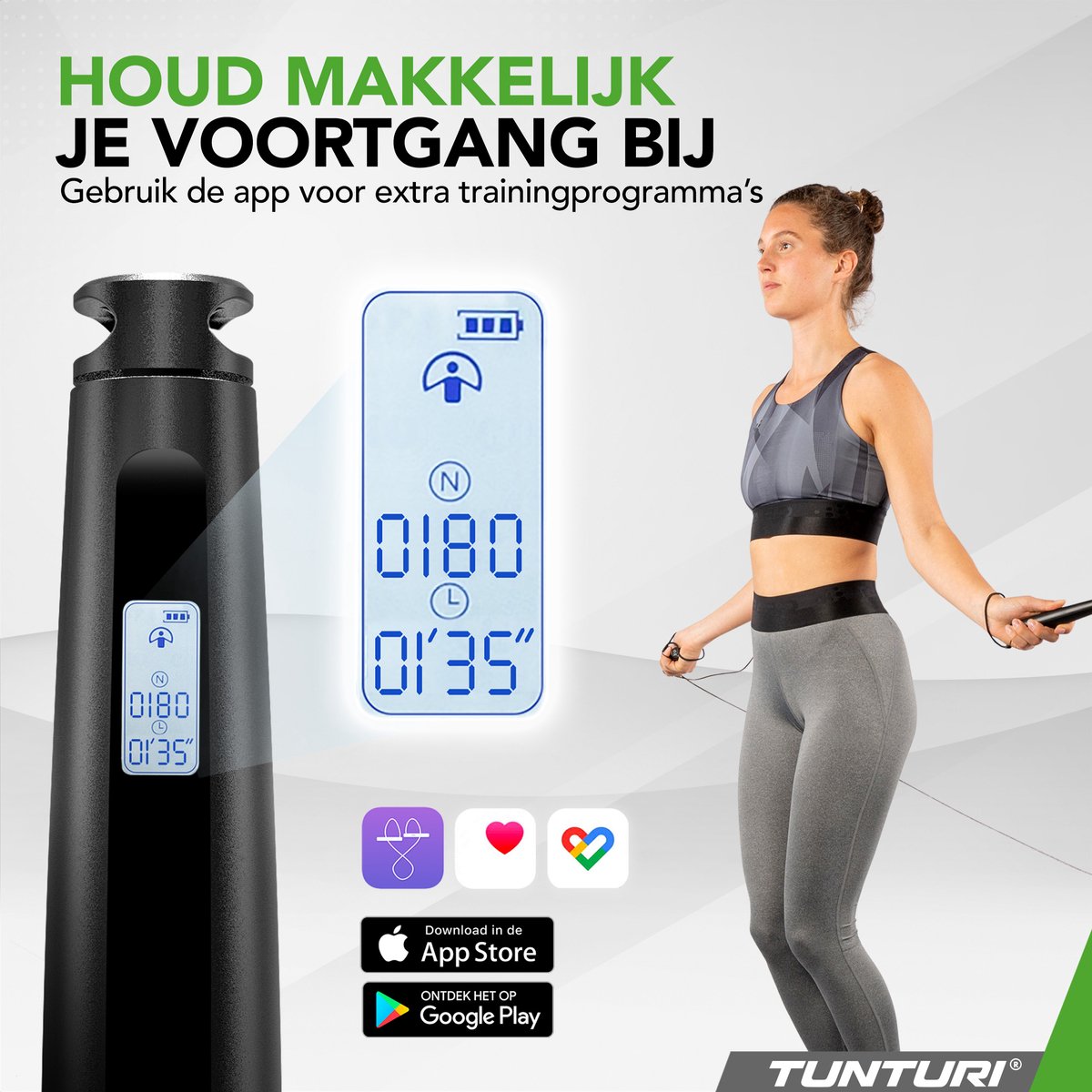 Tunturi Smart Jump Rope - Springtouw - Voor kinderen en Volwassenen - Bluetooth - 4 programma's - Verstelbaar - Incl Display en App