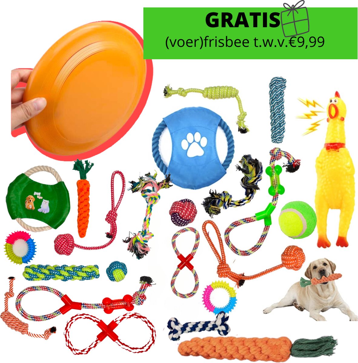 (Goedkoopste) 24-delige!! Honden speelgoed set - Geschikt voor puppy's t/m middelgrote honden - Honden kauw speelgoed - 24 stuks - Hondenspeeltjes - Intelligentie - Touw - Flostouw - Bijtring - Bal - Huisdieren Speelgoed