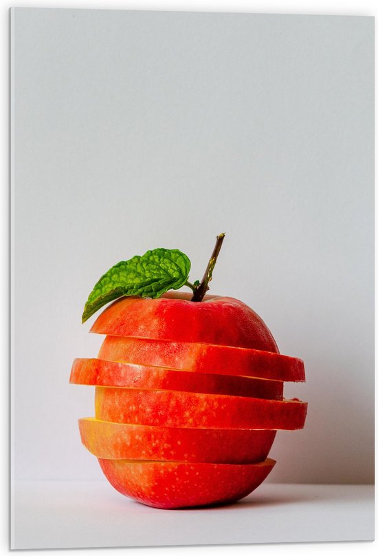 Acrylglas - Appel - Gesneden - Gestapeld - Blaadje - Eten - Fruit - Rood - 50x75 cm Foto op Acrylglas (Met Ophangsysteem)