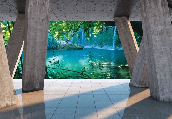 Foto: Fotobehang vlies behang turquoise meer in de jungle terraszicht 3d 254 x 184 cm