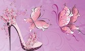 Fotobehang - Vlies Behang - Vlinders en Hakshoen in het Roze - 312 x 219 cm