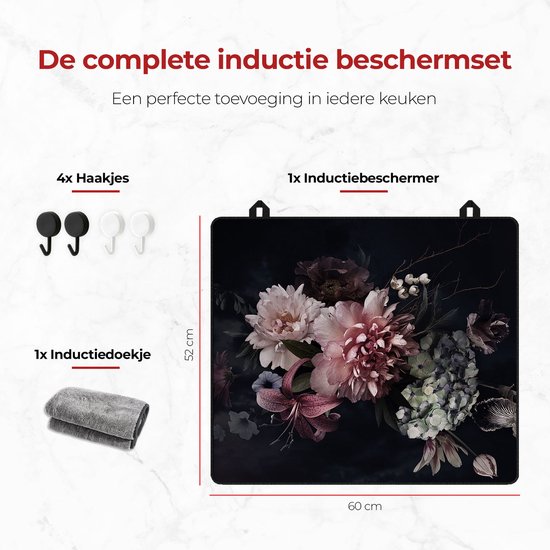 KitchyMist Inductie Beschermer 60x52 cm - Bloemen - Kookplaat Beschermer - Afdekplaat voor Kookplaat - Inductie Mat - Spatscherm Achterwand Keuken