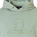 Close-up van de capuchon en het Nomad-logo op een mintgroene hoodie.