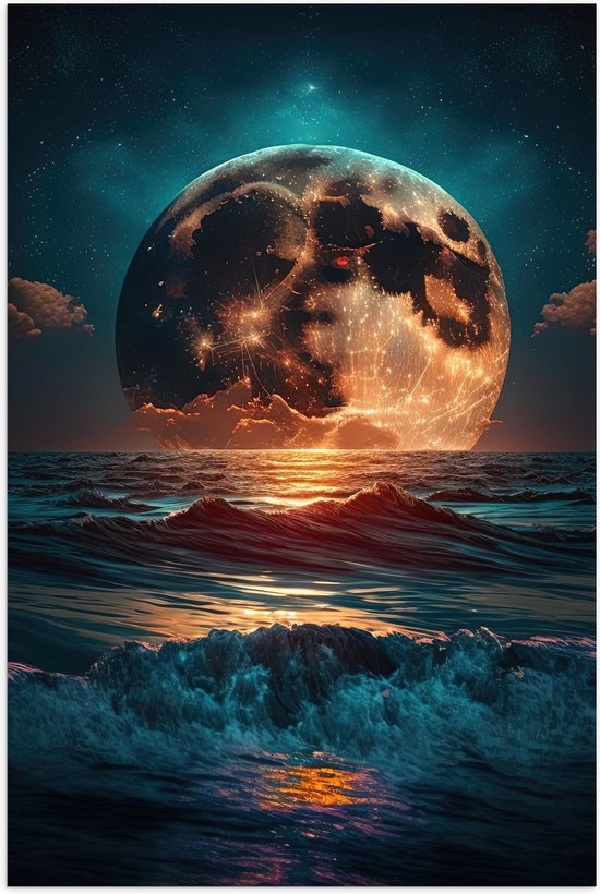 Poster (Mat) - Heldere Maan Dobberend op het Wateroppervlak - 60x90 cm Foto op Posterpapier met een Matte look