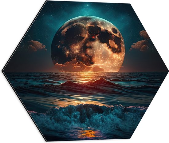Dibond Hexagon - Heldere Maan Dobberend op het Wateroppervlak - 50x43.5 cm Foto op Hexagon (Met Ophangsysteem)
