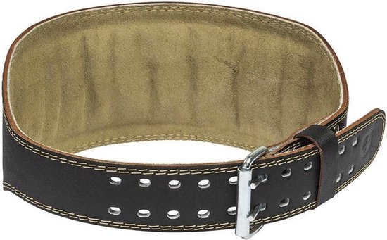 Zwarte leren gewichthefband Harbinger met een gesp en beige voering.