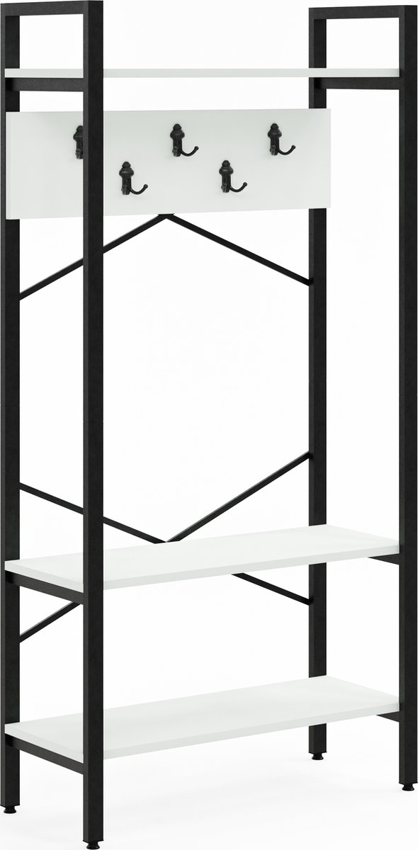 FurniChic- Kapstok- Staande Kapstok - Garderoberek - Schoenenrek -Industrieel - Hout en Metaal- Wit - 35x90x180cm