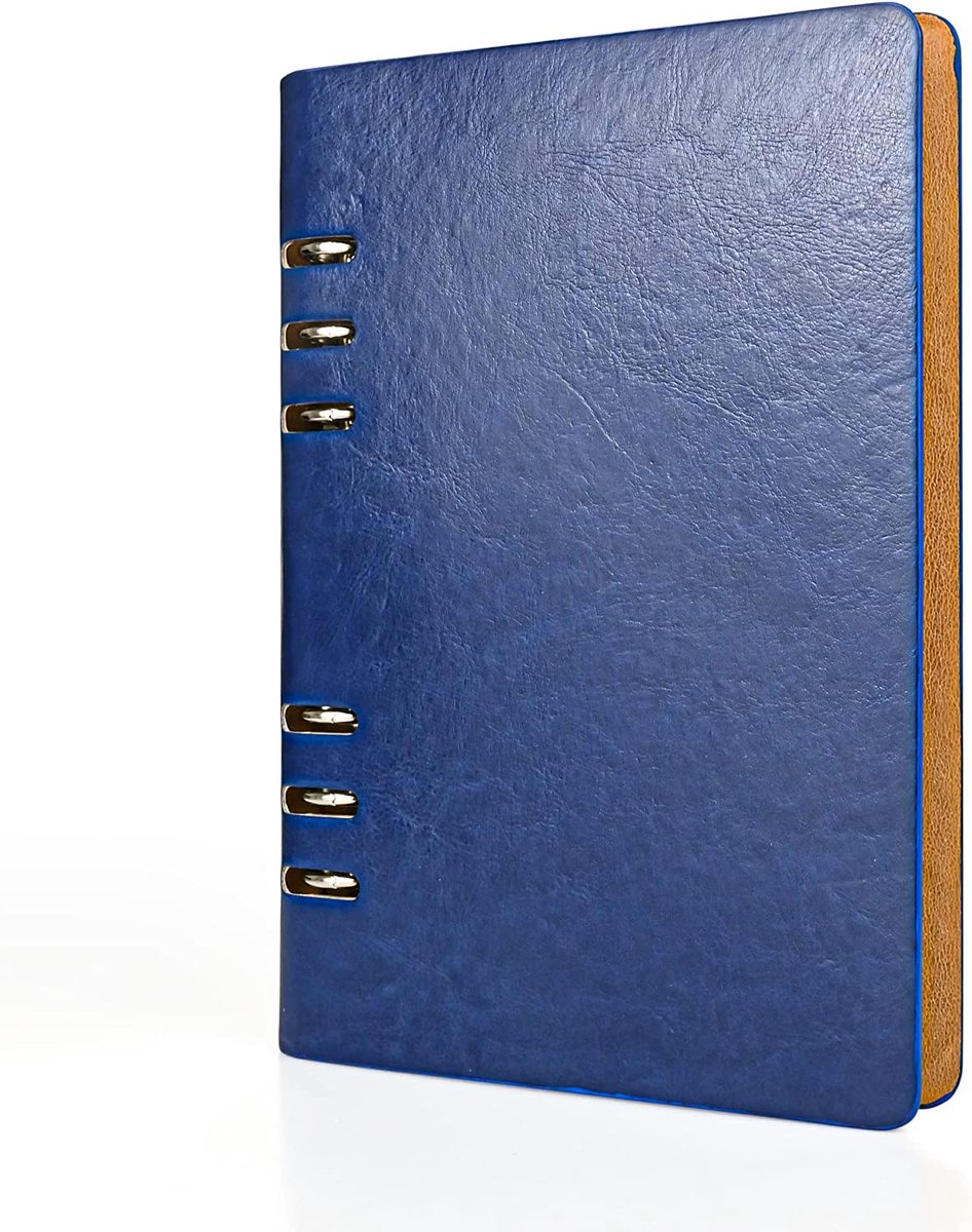 A5 Lederen notitieboekje, navulbaar, gerecycled dagboek, 6 Gaten, ringen, Losse tas, leer, navulbaar, Hardcover, dagboek, notitieboekje voor reizen, studie, zaken, schrijven (blauw)