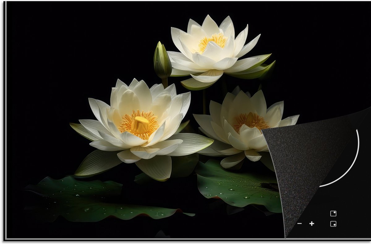 KitchenYeah® Inductie beschermer 81.2x52 cm - Lotus - Bloemen - Wit - Natuur - Zwart - Kookplaataccessoires - Afdekplaat voor kookplaat - Inductiebeschermer - Inductiemat - Inductieplaat mat
