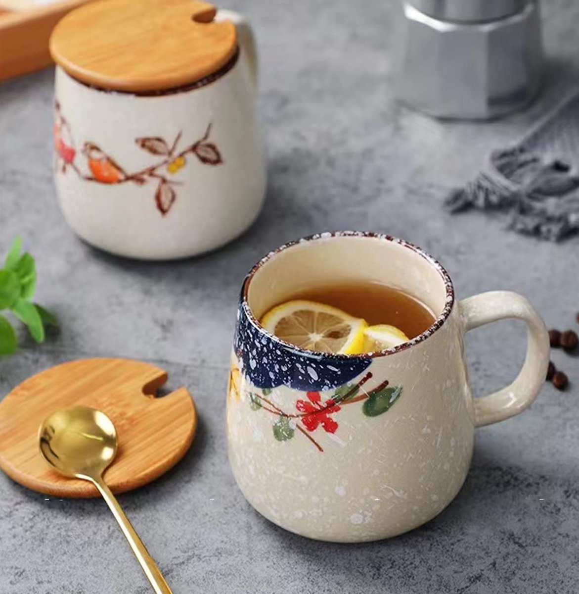 Tama Ozio Handwarmer Keramische Ontbijtbeker 400ml Blauw - Met Wollen Voering