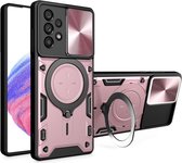 Hoesje met Camera Slider Geschikt voor de Samsung Galaxy A53 - Back Cover met Standaard - Uitklapbare Kickstand Ring - Beschermhoes TPU - Magneet voor Auto Houder Roze