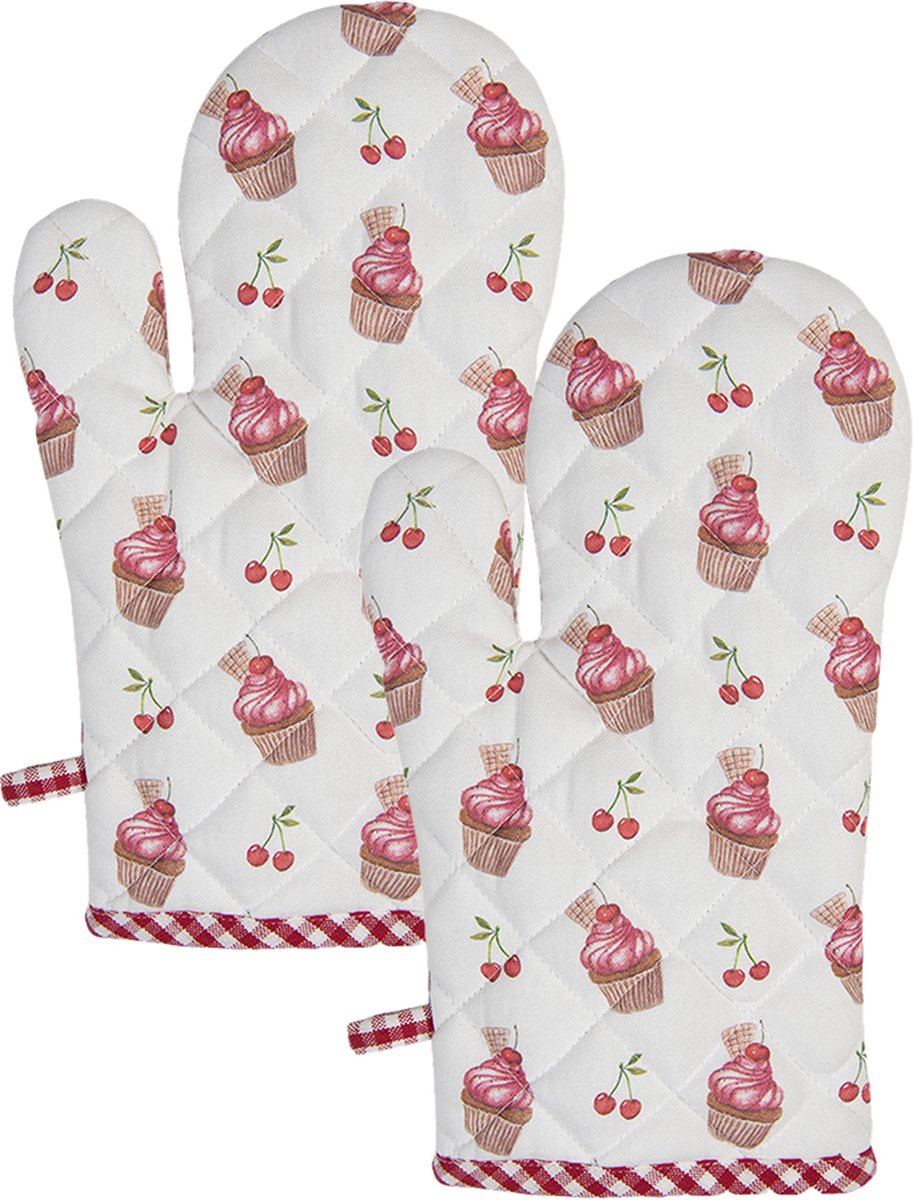 Clayre & Eef Gant de four pour enfants 12x21 cm Rouge Rose Coton Cupcakes