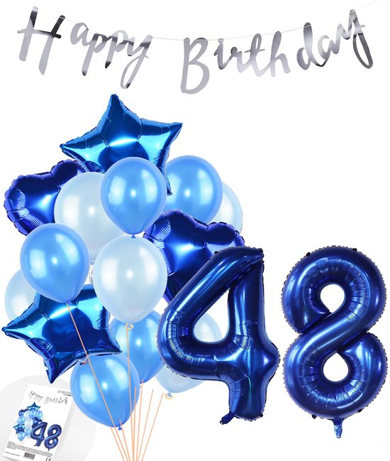 Snoes Ballonnen 48 Jaar Feestpakket – Versiering – Verjaardag Set Mason Blauw Cijferballon 48 Jaar - Heliumballon