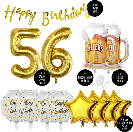 56 Jaar Verjaardag Cijfer ballon Mannen Bier - Feestpakket Snoes Ballonnen Cheers & Beers - Herman