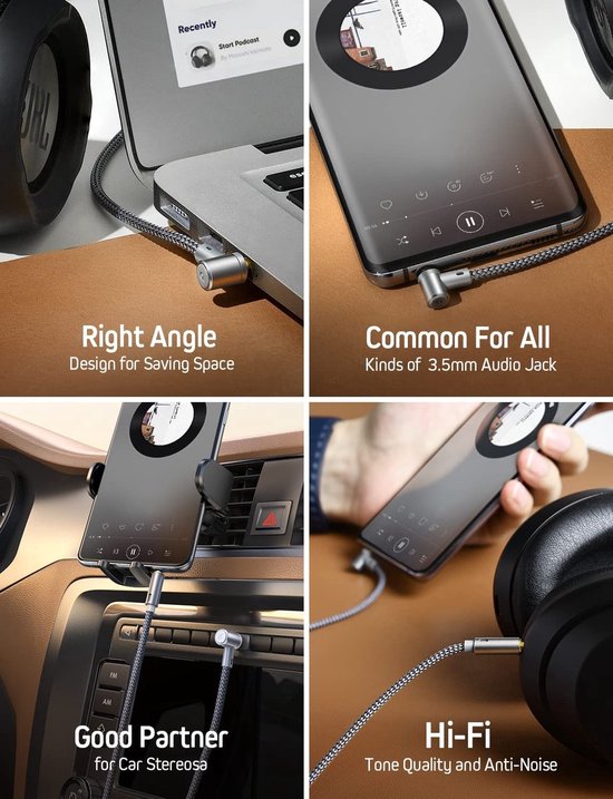 Démonstration d'un câble auxiliaire de 3,5 mm à angle de 90 degrés connecté à un ordinateur portable, un téléphone et dans une voiture.