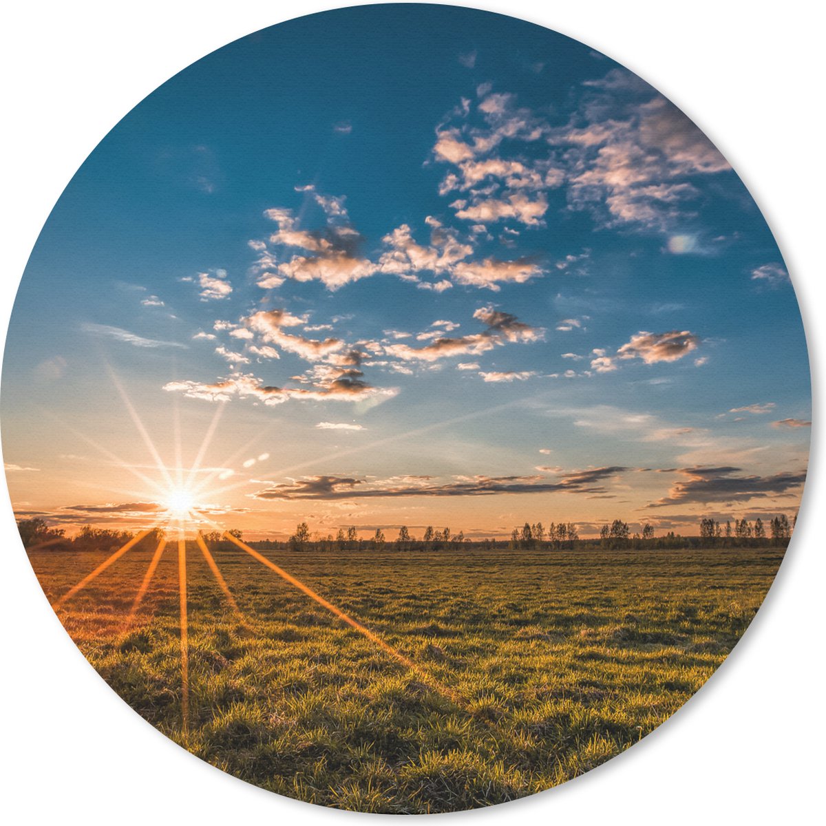 Muismat rond 20x20 cm - Mousepad Zonsondergang - Natuur - Wolken - Gras - Ronde muismatten