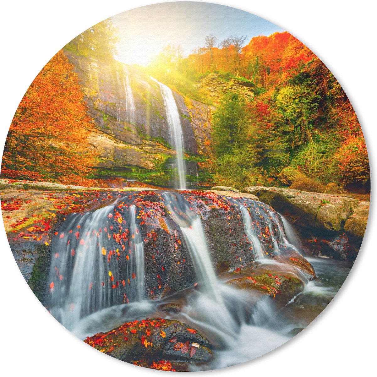 Muismat rond 50x50 cm - Mousepad Waterval - Natuur - Herfst - Rood - Water - Ronde muismatten