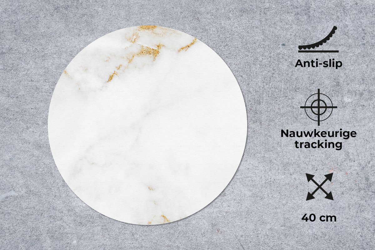 Muismat rond 40x40 cm - Mousepad Marmer - Goud - Wit - Luxe - Ronde muismatten