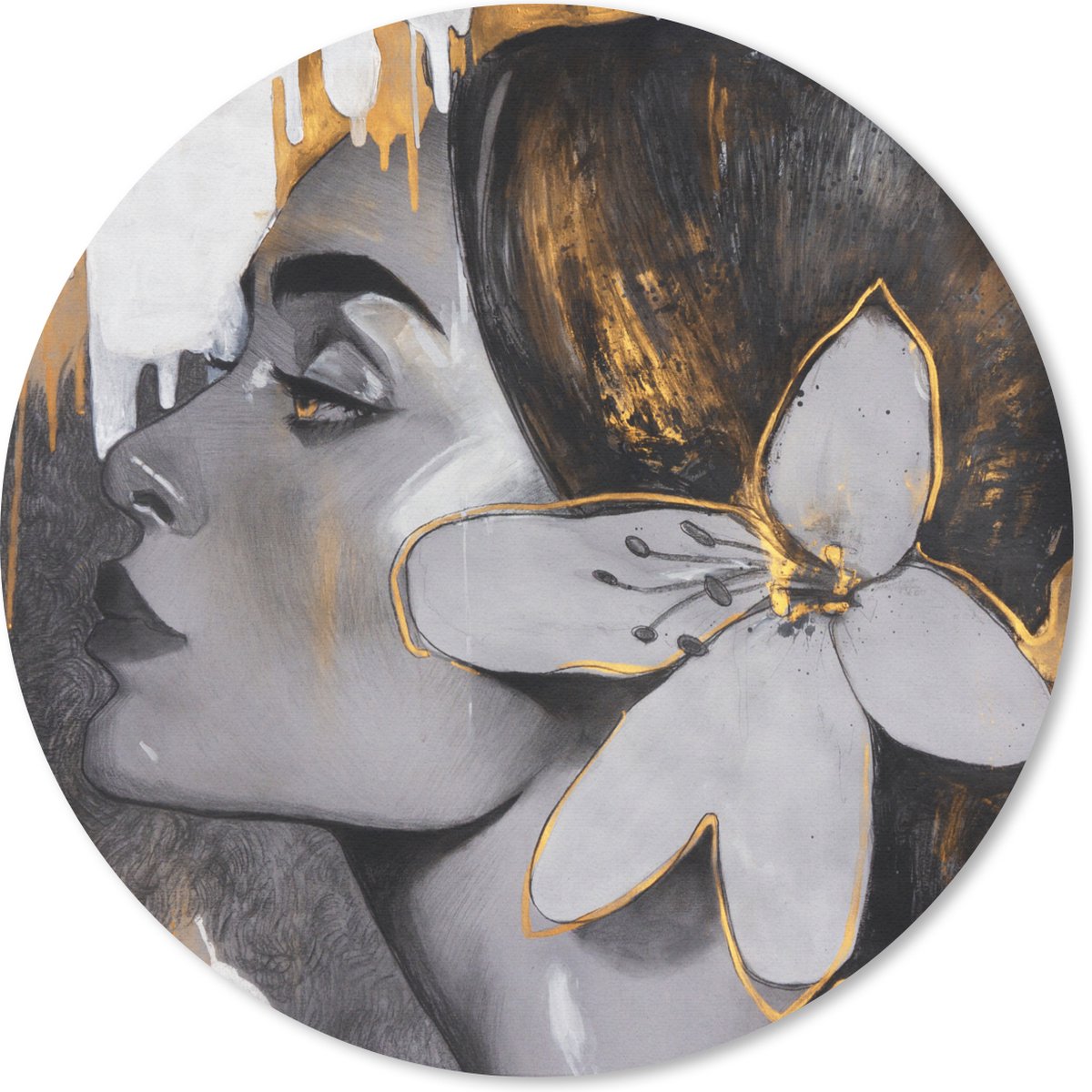 Muismat rond 50x50 cm - Mousepad Schilderij - Olieverf - Vrouw - Bloem - Goud - Ronde muismatten