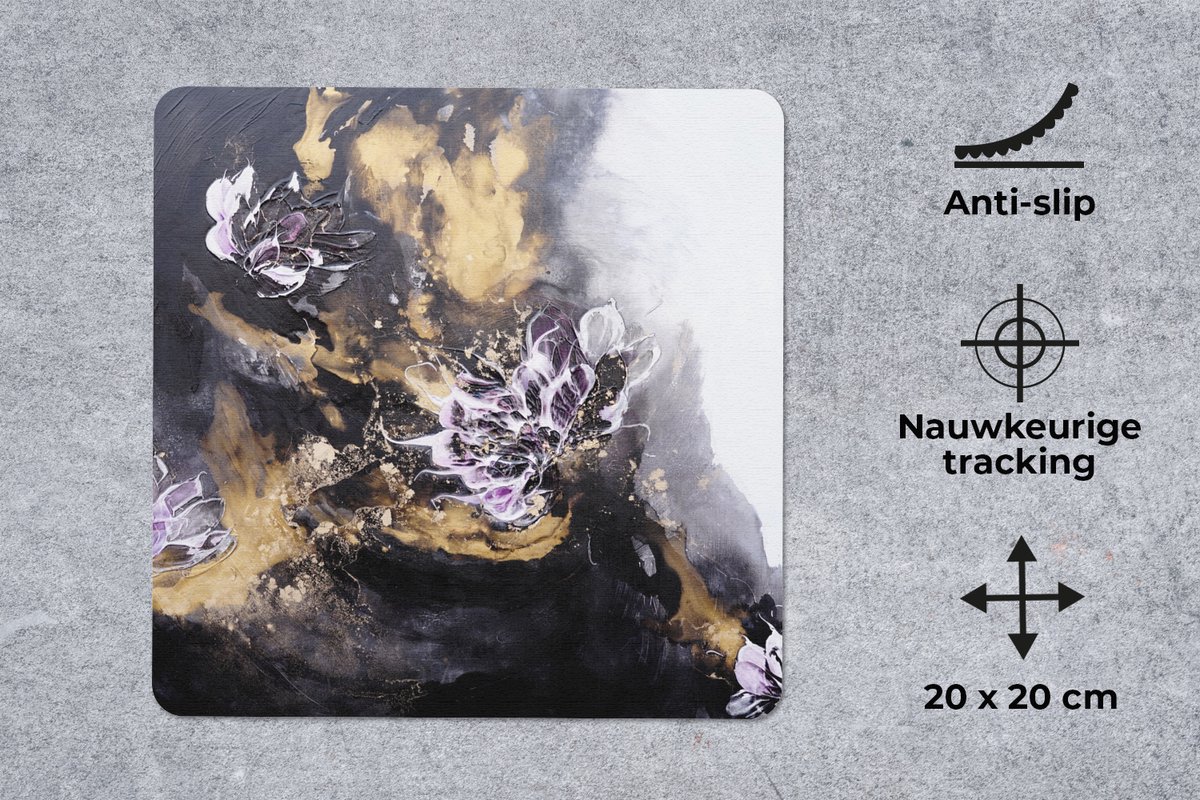 Muismat 20x20 cm - Mousepad Abstract - Zwart - Grijs - Verf - Muismatten