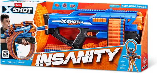 Doos van de XSHOT Insanity Mad Mega Barrel speelgoedblaster, met afbeelding van de blaster en een jongen.