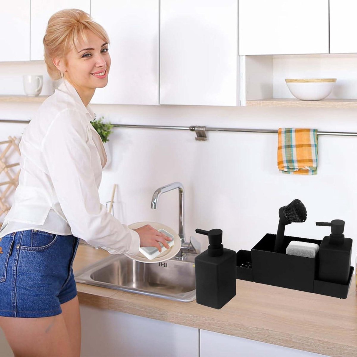 GINZER 4-in-1 Zeepdispenser Voor Aanrecht – Met Sponshouder En Borstelbak, Navulbaar En Antislip, Zwart
