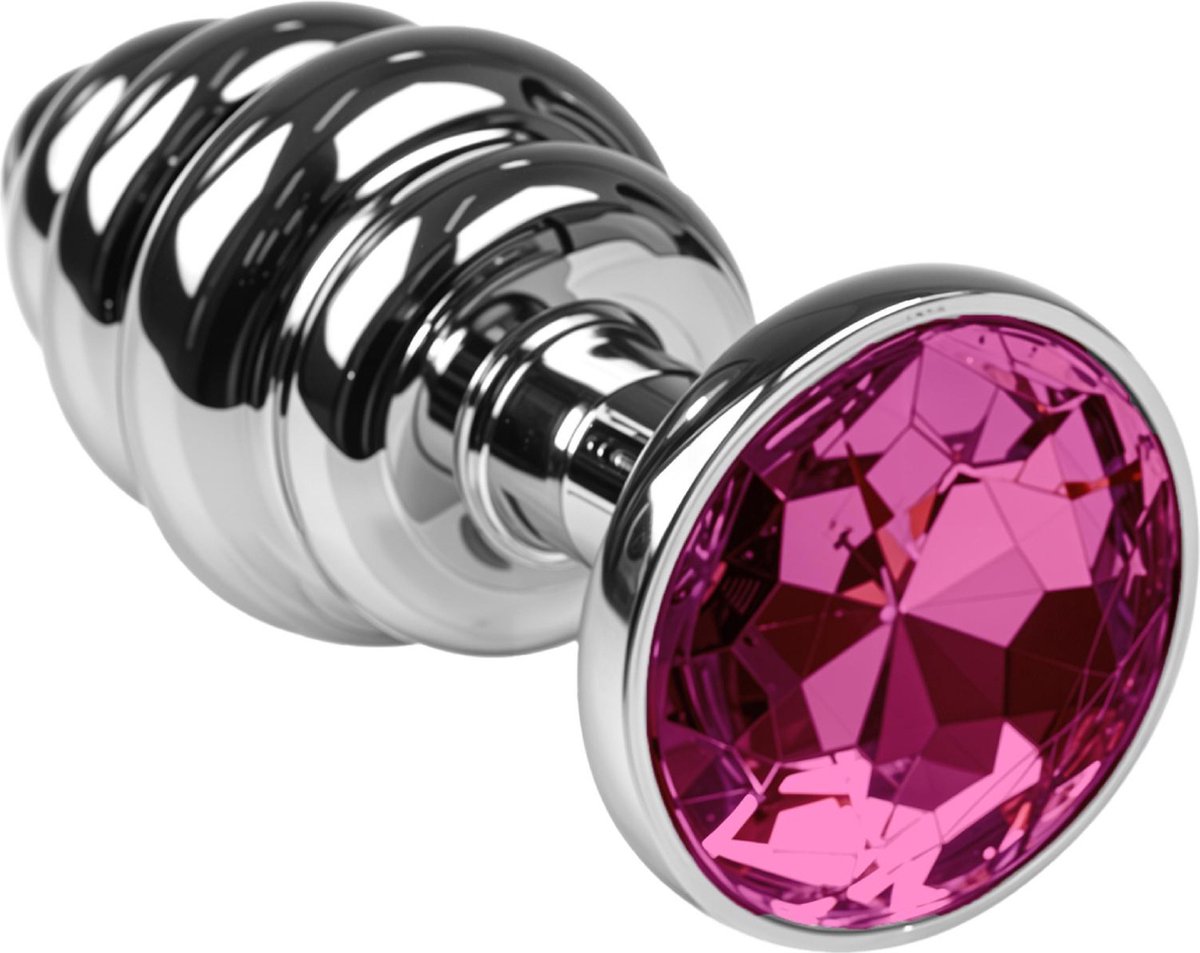 Goedkoopste Cupitoys® Metalen buttplug - Zilver - Diamant lichtroze - Geribbeld - Large - Sex toys voor vrouwen - Sex toys voor mannen - Buttplugs