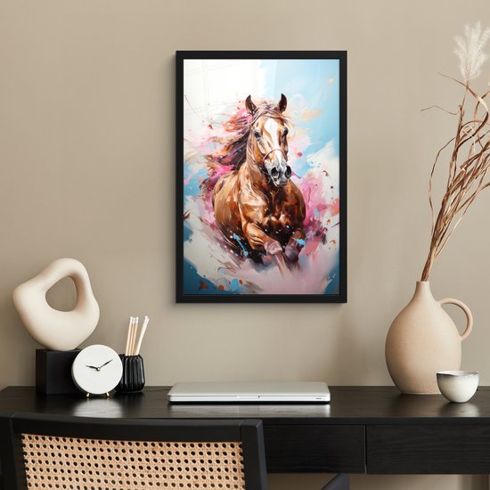 Affiche sous cadre - Cadre photo 40x60 cm - Posters - Cheval - Filles - Blauw - Rose - Cadre affiche noir - Décoration murale pour chambre ado - Décoration chambre ado - Accessoires chambre ados