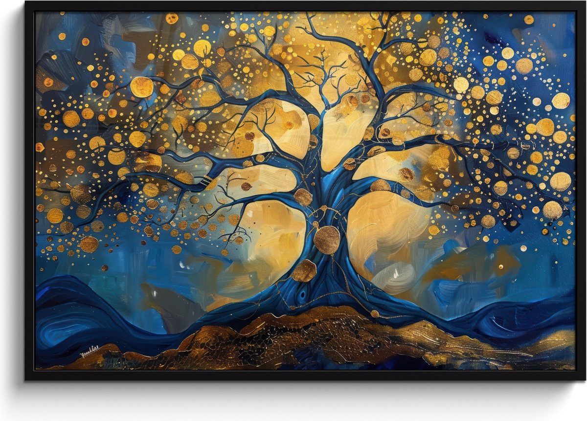 FrameYourWall Poster in lijst - Fotolijst 120x80 cm - Posters - Boom - Levensboom - Blauw - Goud - Posterlijst zwart - Decoratie - Wanddecoratie woonkamer - Muurdecoratie slaapkamer Goud - Blauw