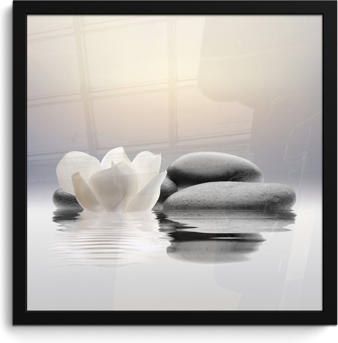 FrameYourWall Poster in lijst - Fotolijst 40x40 cm - Posters - Stenen - Lotus - Wit - Water - Zen - Posterlijst zwart - Wanddecoratie badkamer - Muurdecoratie WC - Decoratieve accessoires - Toilet muur decoratie Stenen - Bloem